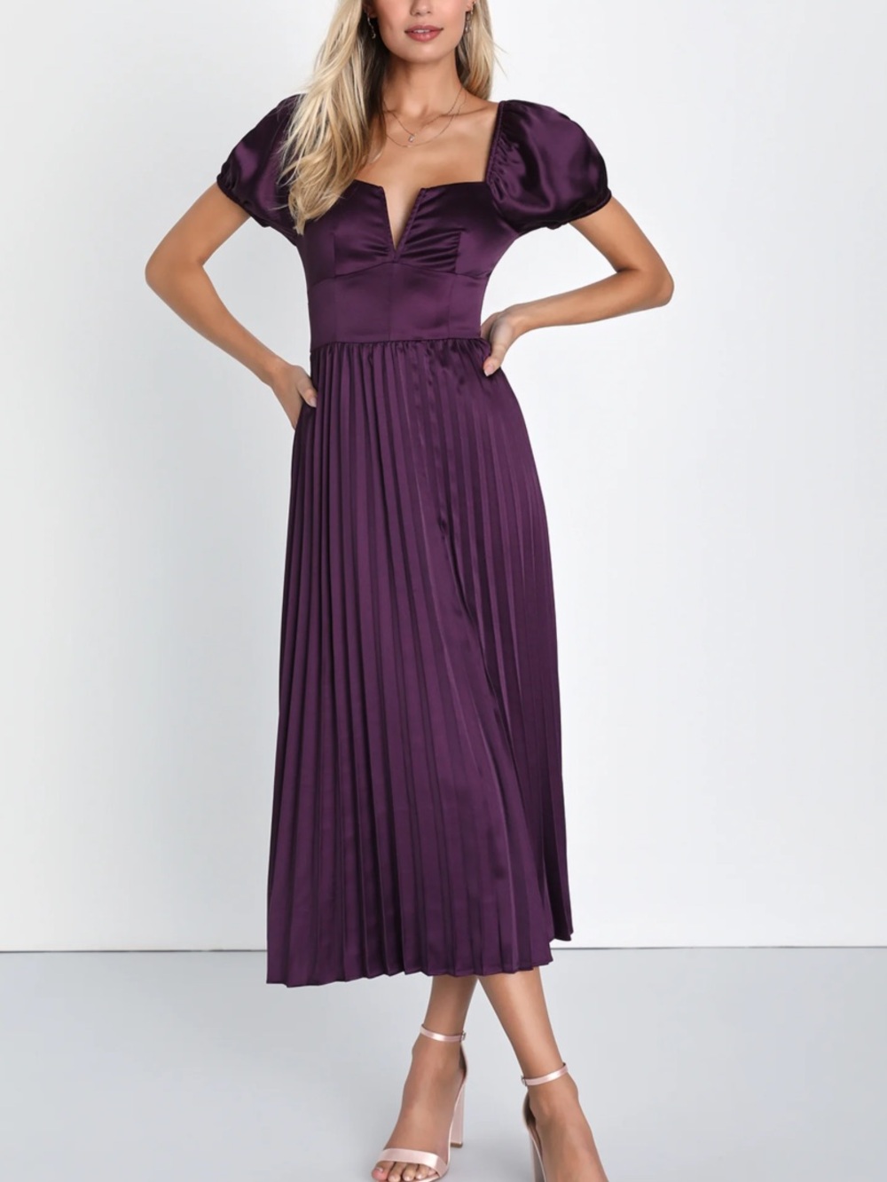 New Lulus Elegant Plum Midi Dress with Puff Sleeves Sz Large
